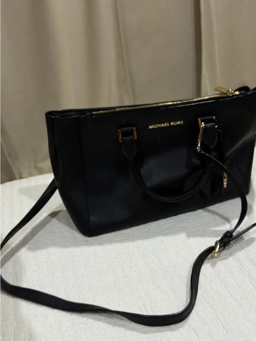 Michael Kors Black Saffiano Leather Satchel with Gold Hardware